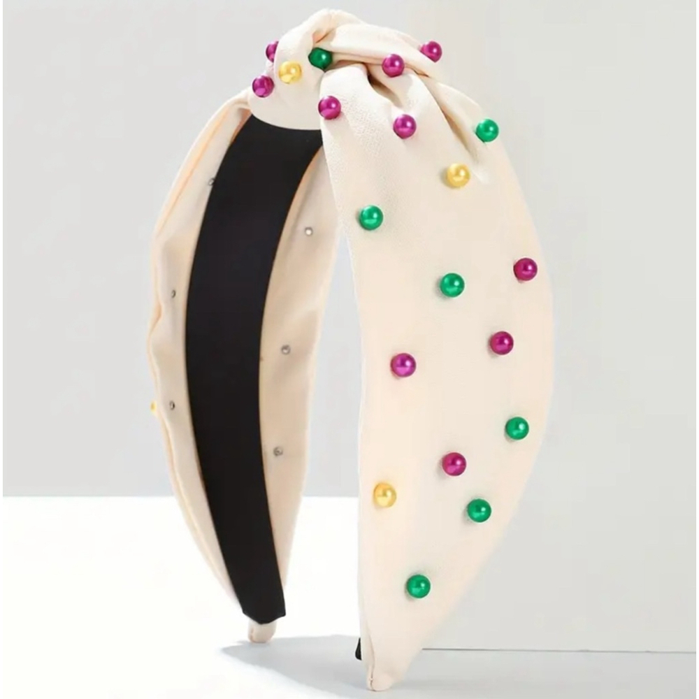 Ivory Top Knot Headband with Purple Green and Gold Mardi Gras Faux Pearls